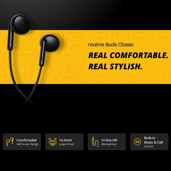 realme Buds Classic 1,3 m-es vezetékes fülhallgató - Fekete