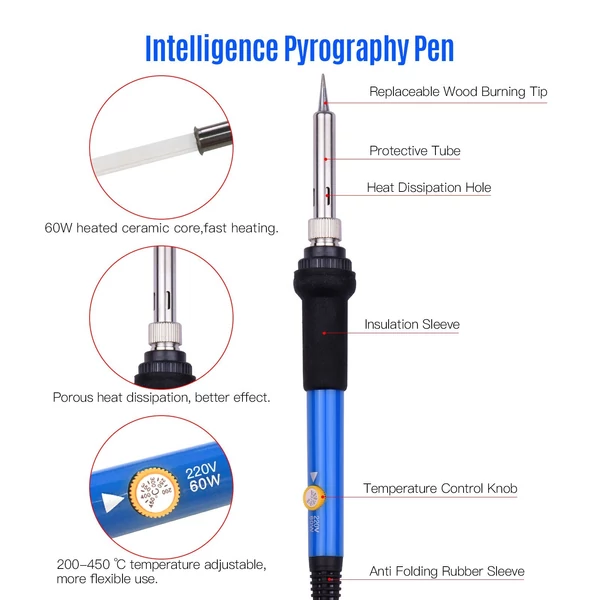 Faégető szerszámkészlet Professzionális pirográfiai toll forrasztópáka készlet, állítható hőmérséklet 200-450 ℃ között - 79 db