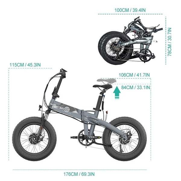 BEZIOR XF005 összecsukható elektromos kerékpár vastag gumival 500 W-os kettős motorral, kettős akkumulátorral, teljesítmény rásegítéssel havas, tengerparti, hegyi vagy városi utakon