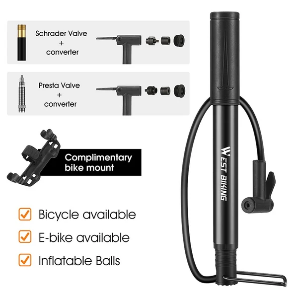 WEST BIKING 90PSI Hordozható e-Bike, kosárlabda, gumiabroncs pumpa - Fekete