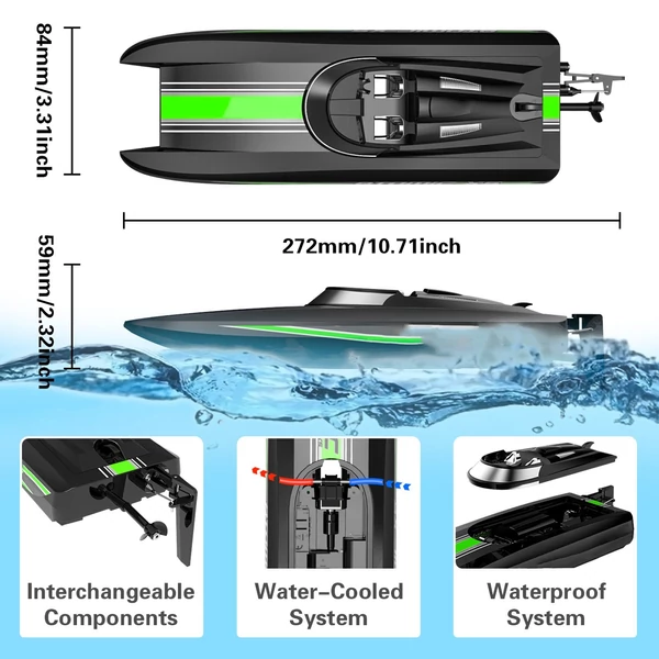 2,4 GHz-es, 30 km/h-s távirányítós csónakjáték Alacsony akkumulátor-riasztó - Zöld, 2 akkumulátor