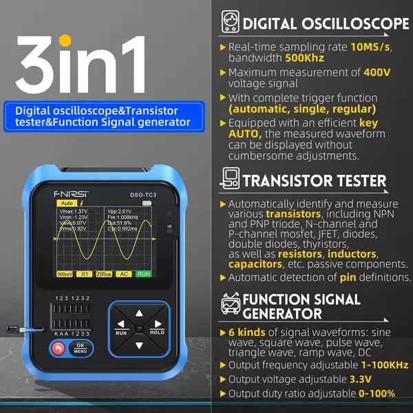 3 az 1-ben digitális oszcilloszkóp tranzisztor tesztelő funkció jelgenerátor 2,4 hüvelykes TFT kijelzővel (standard konfiguráció)