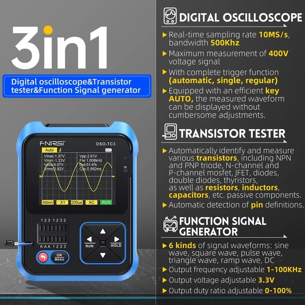 3 az 1-ben digitális oszcilloszkóp tranzisztor tesztelő funkció jelgenerátor 2,4 hüvelykes TFT kijelzővel (bővített konfiguráció)