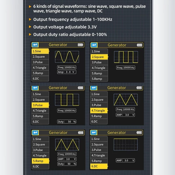 3 az 1-ben digitális oszcilloszkóp tranzisztor tesztelő funkció jelgenerátor 2,4 hüvelykes TFT kijelzővel (bővített konfiguráció)