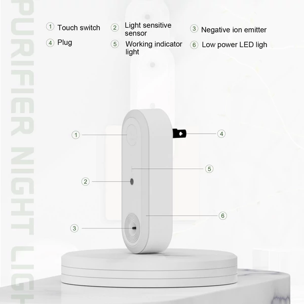 Levegőtisztító éjszakai fény LED intelligens érzékelő, negatív ionos fény