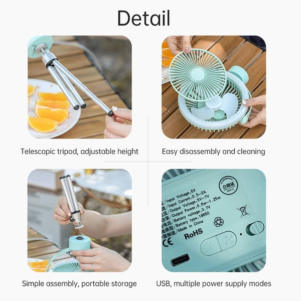 Újratölthető akkumulátoros kemping ventilátor és hordozható USB LED lámpa akasztható vagy asztali használatra, 2400mah - Hurrikán pink