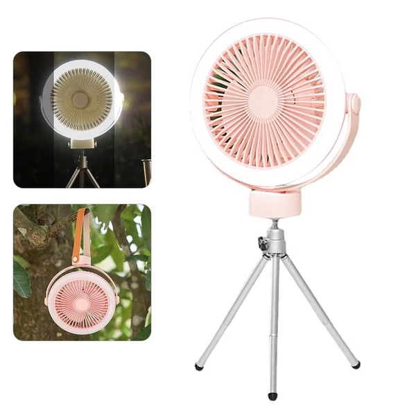 Újratölthető akkumulátoros kemping ventilátor és hordozható USB LED lámpa akasztható vagy asztali használatra, 2400mah - Hurrikán pink