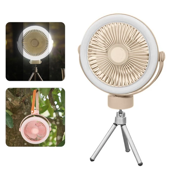Újratölthető akkumulátoros kemping ventilátor és hordozható USB LED lámpa akasztható vagy asztali használatra, 2400mah - Hurrikán bézs