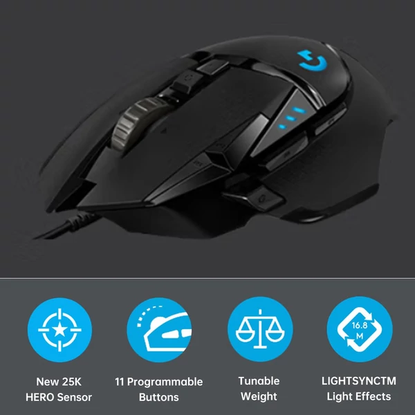 Logitech G502 HERO játékegér állítható súlyokkal 25K HERO érzékelő 25600 DPI 11 programozható gomb RGB háttérvilágítás, kettős módú görgő - vezetékes