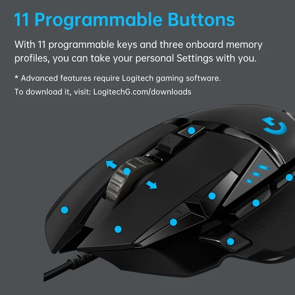 Logitech G502 HERO játékegér állítható súlyokkal 25K HERO érzékelő 25600 DPI 11 programozható gomb RGB háttérvilágítás, kettős módú görgő - vezetékes