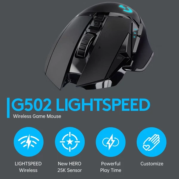 Logitech G502 HERO játékegér állítható súlyokkal 25K HERO érzékelő 25600 DPI 11 programozható gomb RGB háttérvilágítás, kettős módú görgő - vezeték nélküli