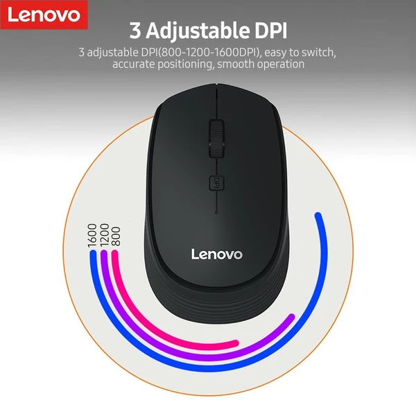 Lenovo M202 2,4 GHz-es vezeték nélküli egér, 4 gombos Némítás Ergonomikus kialakítás 3 állítható DPI-vel - Fekete