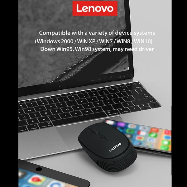 Lenovo M202 2,4 GHz-es vezeték nélküli egér, 4 gombos Némítás Ergonomikus kialakítás 3 állítható DPI-vel - Fekete