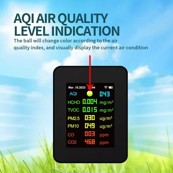 Tuya Wifi levegőminőség mérő 7 az 1-ben PM2,5 PM10 szén-oxid CO2 TVOC HCHO AQI teszter - Fekete