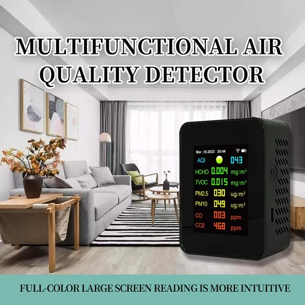 Tuya Wifi levegőminőség mérő 7 az 1-ben PM2,5 PM10 szén-oxid CO2 TVOC HCHO AQI teszter - Fekete