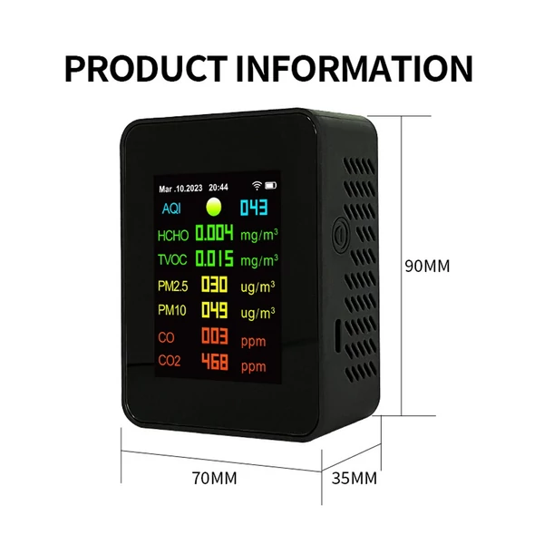 Tuya Wifi levegőminőség mérő 7 az 1-ben PM2,5 PM10 szén-oxid CO2 TVOC HCHO AQI teszter - Fekete