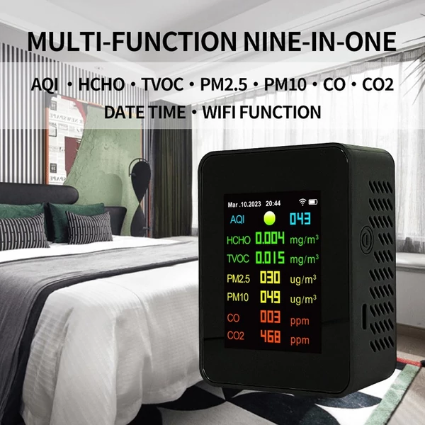 Tuya Wifi levegőminőség mérő 7 az 1-ben PM2,5 PM10 szén-oxid CO2 TVOC HCHO AQI teszter - Fekete