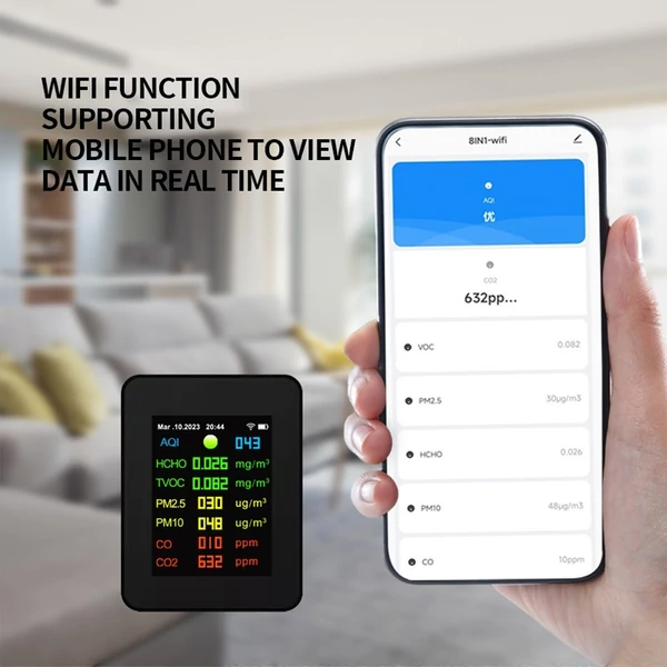 Tuya Wifi levegőminőség mérő 7 az 1-ben PM2,5 PM10 szén-oxid CO2 TVOC HCHO AQI teszter - Fekete