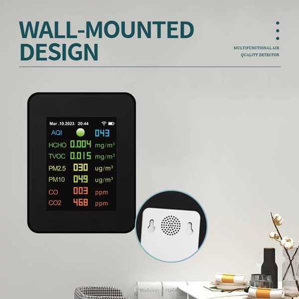 Tuya Wifi levegőminőség mérő 7 az 1-ben PM2,5 PM10 szén-oxid CO2 TVOC HCHO AQI teszter - Fekete