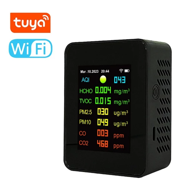 Tuya Wifi levegőminőség mérő 7 az 1-ben PM2,5 PM10 szén-oxid CO2 TVOC HCHO AQI teszter - Fekete