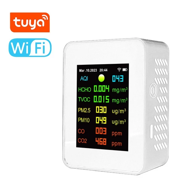 Tuya Wifi levegőminőség mérő 7 az 1-ben PM2,5 PM10 szén-oxid CO2 TVOC HCHO AQI teszter - Fehér