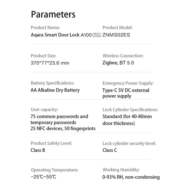 Aqara Intelligens ajtó zár A100 Pro Zigbee BT 5.0 ujjlenyomat feloldás