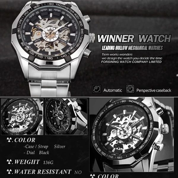 WINNER csontváz átlátszó, divatos férfi automata mechanikus óra önfelhúzós számlappal - Fekete