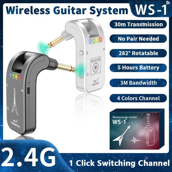 WS-1 2,4 GHz vezeték nélküli gitárrendszer újratölthető audio adó és vevő - Ezüst