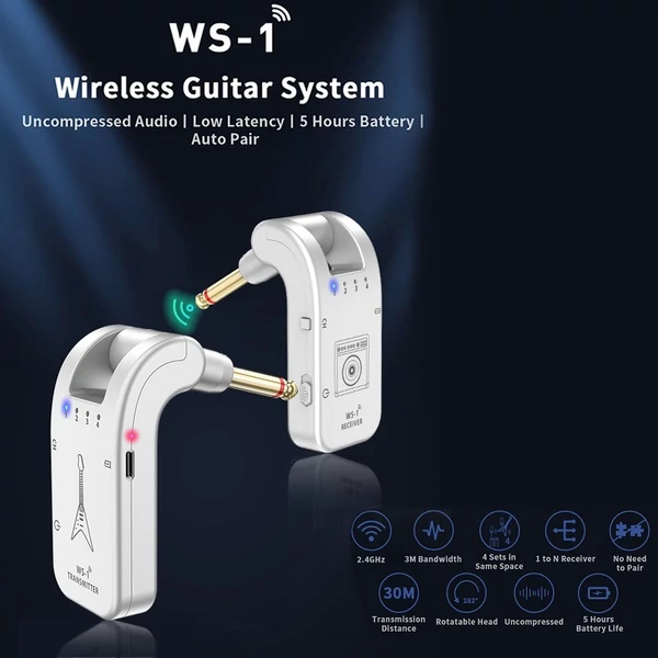 WS-1 2,4 GHz vezeték nélküli gitárrendszer újratölthető audio adó és vevő - Ezüst