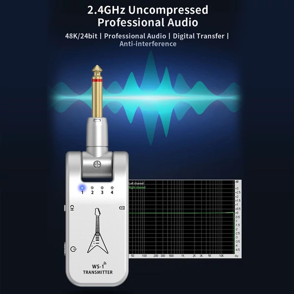 WS-1 2,4 GHz vezeték nélküli gitárrendszer újratölthető audio adó és vevő - Ezüst