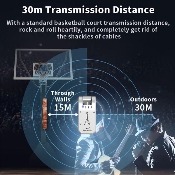 WS-1 2,4 GHz vezeték nélküli gitárrendszer újratölthető audio adó és vevő - Ezüst