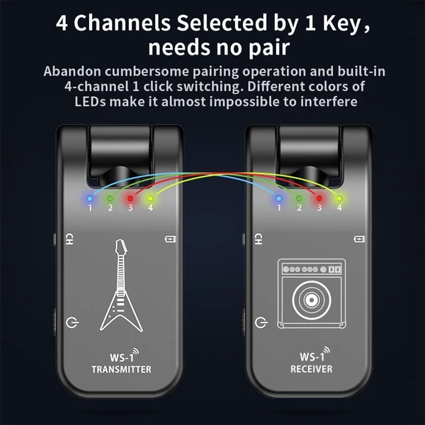 WS-1 2,4 GHz vezeték nélküli gitárrendszer újratölthető audio adó és vevő - Fekete