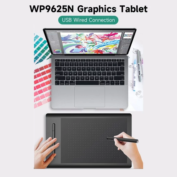 WP9625N grafikus rajztábla 8192 szintű nyomásérzékenység 5080LPI felbontás 230PPS olvasási sebesség USB csatlakozás