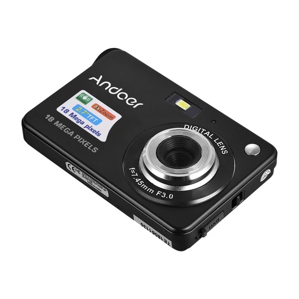 Andoer 18M 720P HD digitális videokamera 2 db újratölthető elemmel 8X digitális zoom rázkódásgátló 2,7 hüvelykes LCD - Fekete