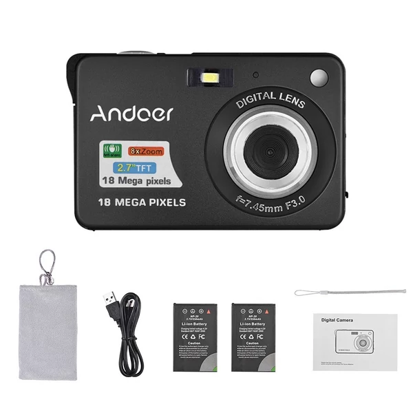 Andoer 18M 720P HD digitális videokamera 2 db újratölthető elemmel 8X digitális zoom rázkódásgátló 2,7 hüvelykes LCD - Fekete