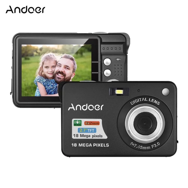 Andoer 18M 720P HD digitális videokamera 2 db újratölthető elemmel 8X digitális zoom rázkódásgátló 2,7 hüvelykes LCD - Fekete