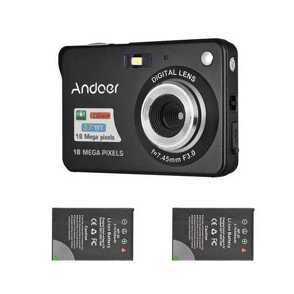 Andoer 18M 720P HD digitális videokamera 2 db újratölthető elemmel 8X digitális zoom rázkódásgátló 2,7 hüvelykes LCD - Fekete