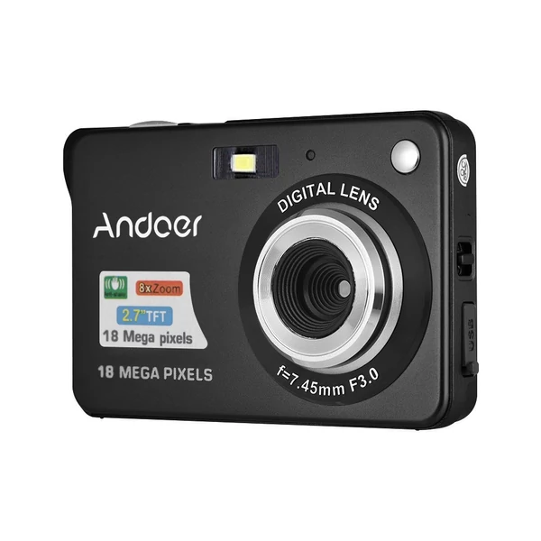 Andoer 18M 720P HD digitális videokamera 2 db újratölthető elemmel 8X digitális zoom rázkódásgátló 2,7 hüvelykes LCD - Fekete