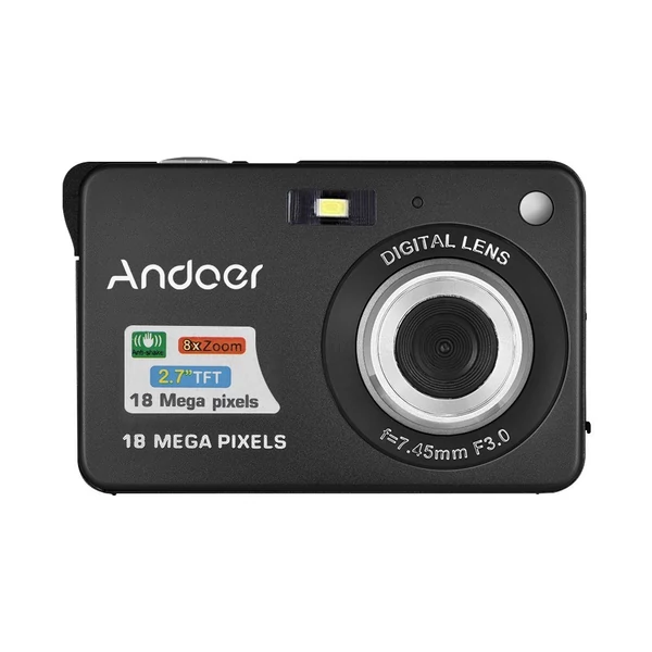 Andoer 18M 720P HD digitális videokamera 2 db újratölthető elemmel 8X digitális zoom rázkódásgátló 2,7 hüvelykes LCD - Fekete