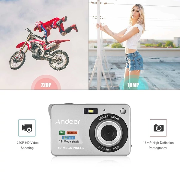 Andoer 18M 720P HD digitális videokamera 2 db újratölthető elemmel 8X digitális zoom rázkódásgátló 2,7 hüvelykes LCD - Fekete