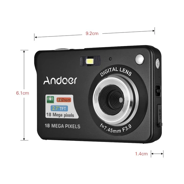 Andoer 18M 720P HD digitális videokamera 2 db újratölthető elemmel 8X digitális zoom rázkódásgátló 2,7 hüvelykes LCD - Fekete