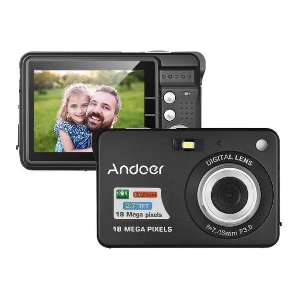 Andoer 18M 720P HD digitális videokamera 2 db újratölthető elemmel 8X digitális zoom rázkódásgátló 2,7 hüvelykes LCD - Fekete