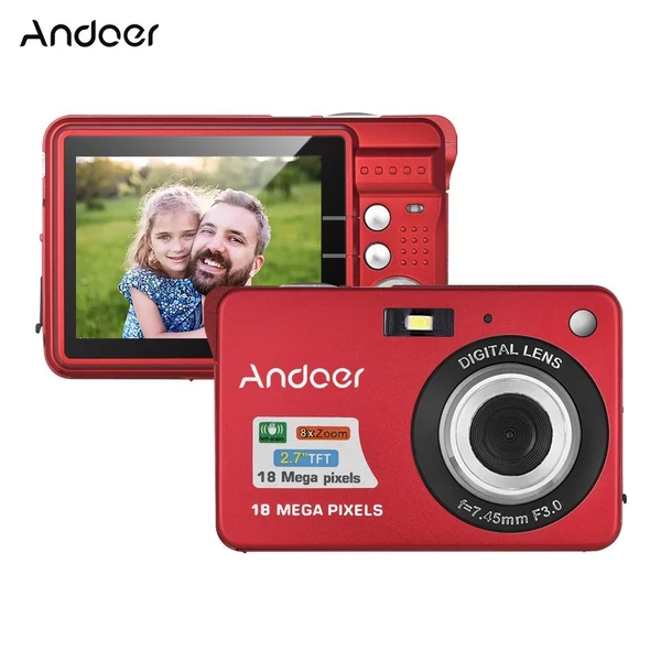 Andoer 18M 720P HD digitális videokamera 2 db újratölthető elemmel 8X digitális zoom rázkódásgátló 2,7 hüvelykes LCD - Piros