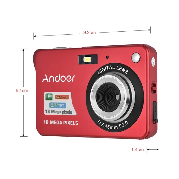 Andoer 18M 720P HD digitális videokamera 2 db újratölthető elemmel 8X digitális zoom rázkódásgátló 2,7 hüvelykes LCD - Piros