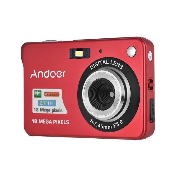 Andoer 18M 720P HD digitális videokamera 2 db újratölthető elemmel 8X digitális zoom rázkódásgátló 2,7 hüvelykes LCD - Piros