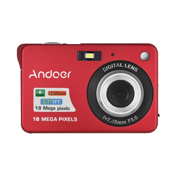 Andoer 18M 720P HD digitális videokamera 2 db újratölthető elemmel 8X digitális zoom rázkódásgátló 2,7 hüvelykes LCD - Piros