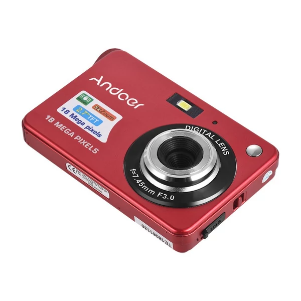 Andoer 18M 720P HD digitális videokamera 2 db újratölthető elemmel 8X digitális zoom rázkódásgátló 2,7 hüvelykes LCD - Piros