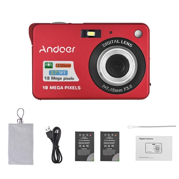 Andoer 18M 720P HD digitális videokamera 2 db újratölthető elemmel 8X digitális zoom rázkódásgátló 2,7 hüvelykes LCD - Piros