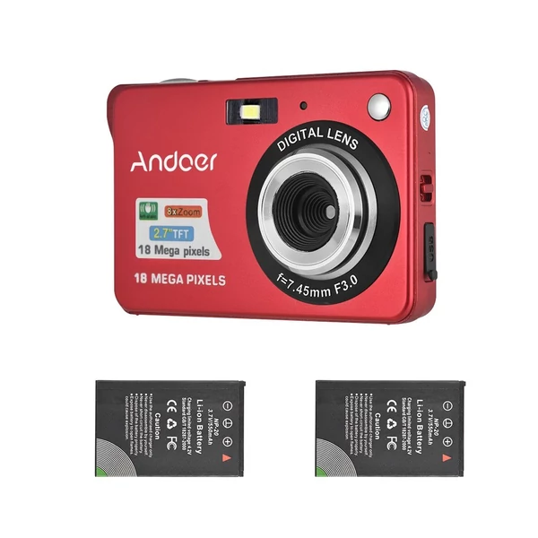 Andoer 18M 720P HD digitális videokamera 2 db újratölthető elemmel 8X digitális zoom rázkódásgátló 2,7 hüvelykes LCD - Piros