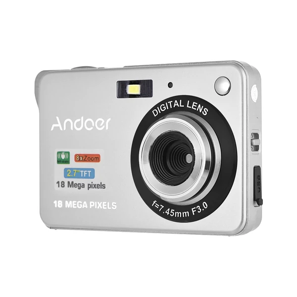 Andoer 18M 720P HD digitális videokamera 2 db újratölthető elemmel 8X digitális zoom rázkódásgátló 2,7 hüvelykes LCD - Ezüst